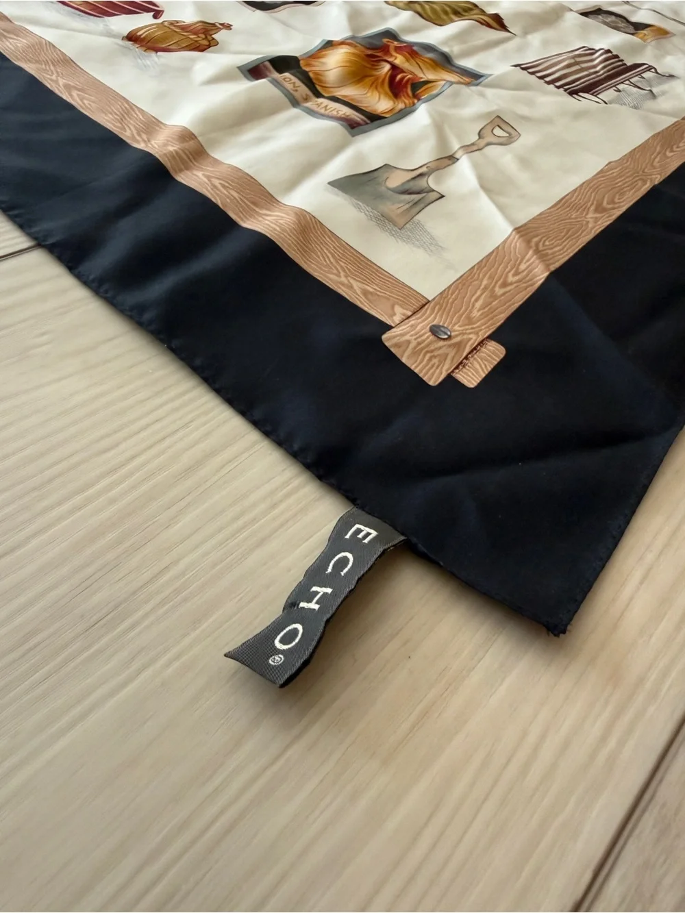 Echo Cream Silk Scarf with Black Border and Autumn Motif